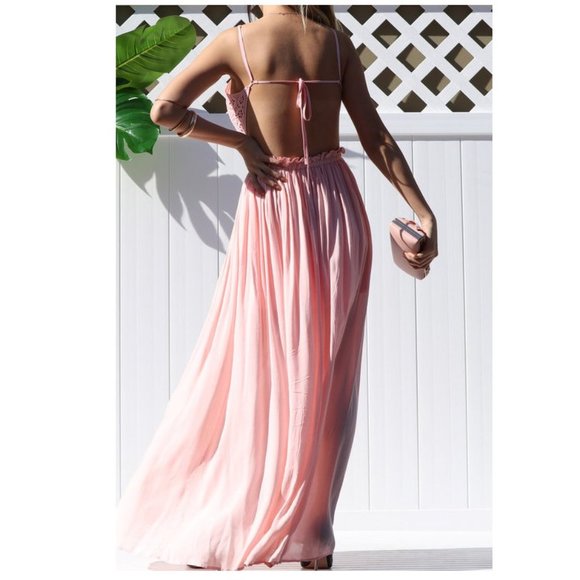Boho Light Pink Crochet Knit Open Back Maxi Dress - Picture 4 of 6